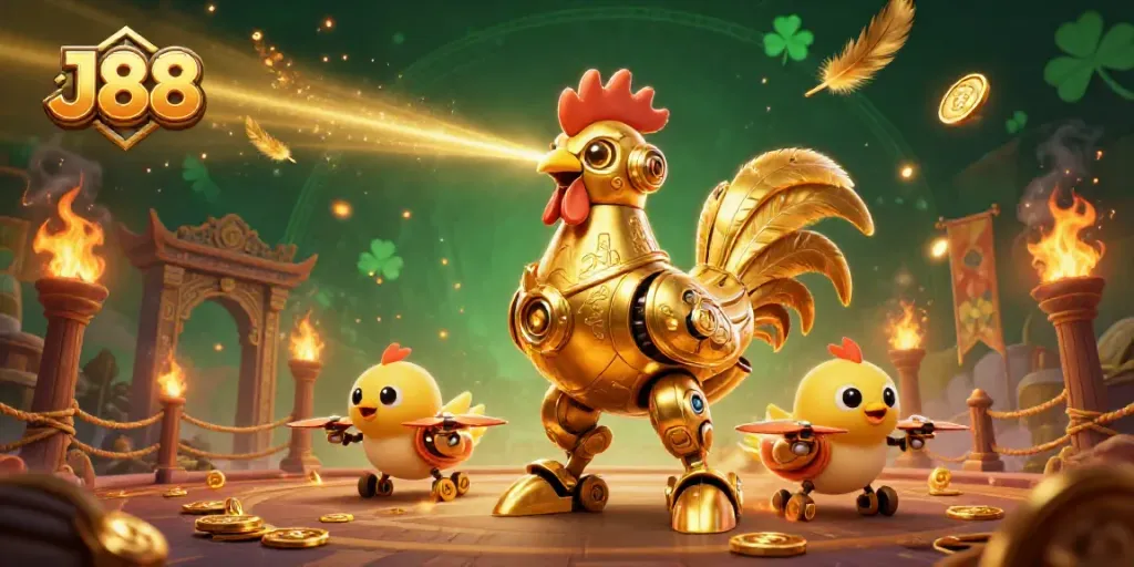 Experience thrilling gameplay with J88 featuring a dynamic illustration of a golden rooster robot and drones in a casino setting.