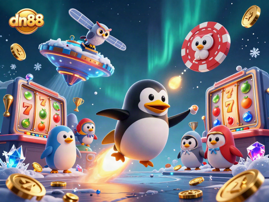 Engage with dn88's thrilling slot games featuring golden penguins and casino elements.