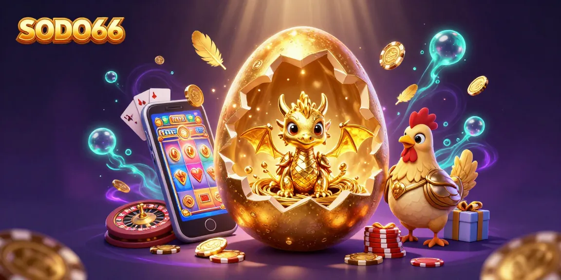 Exciting SODO66 illustration featuring a golden dragon and vibrant gambling elements, capturing the thrill of casino gaming.
