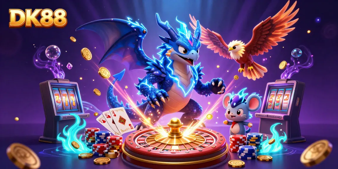 Experience thrilling gameplay at DK88 with 3D elements showcasing coins, slots, and vibrant characters.