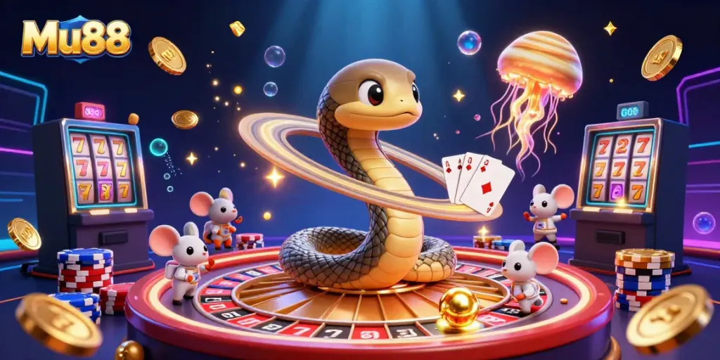 Experience Mu88's thrilling gaming atmosphere with animated characters and vibrant casino elements.