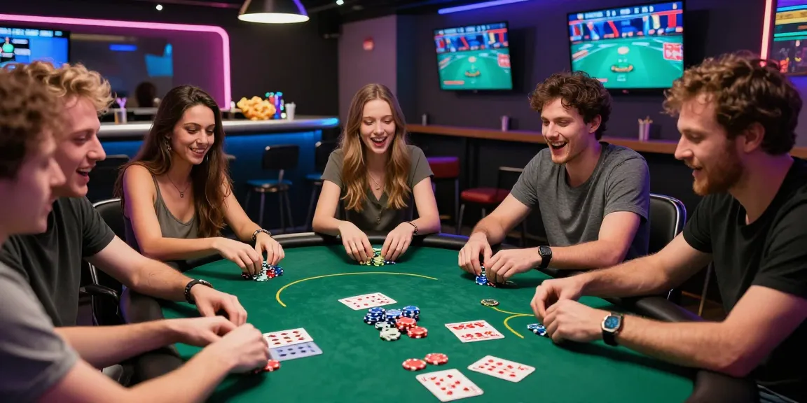 Experience the thrill of Daftar Nagapoker at a vibrant gaming lounge full of friends, poker chips, and excitement.