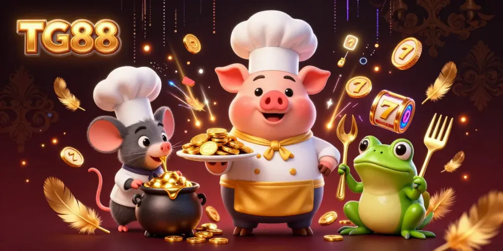Engaging TG88 casino scene featuring a chef pig serving gold coins as gourmet riches in a vibrant atmosphere.