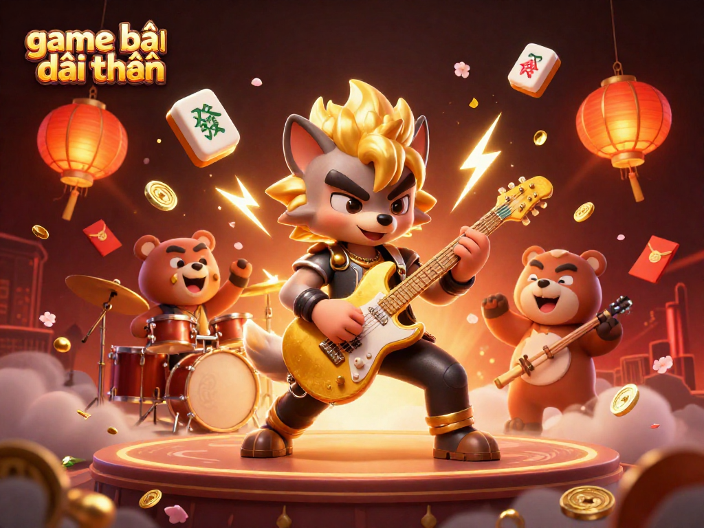 Experience game bài đổi thưởng with a vibrant rock star wolf and energetic drummer bear in a lively casino scene.