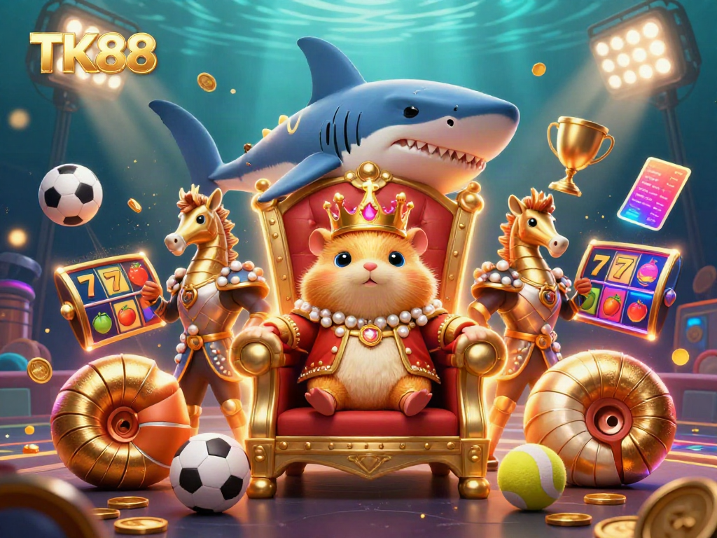 Experience the excitement of TK88 with a cartoon hamster king amid vibrant casino games and symbols.