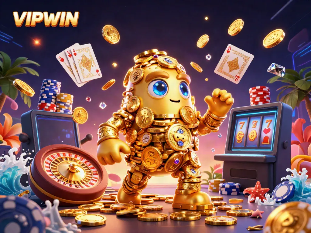 Experience VIPWIN's thrilling dynamics with a golden golem amidst cascading coins and games.