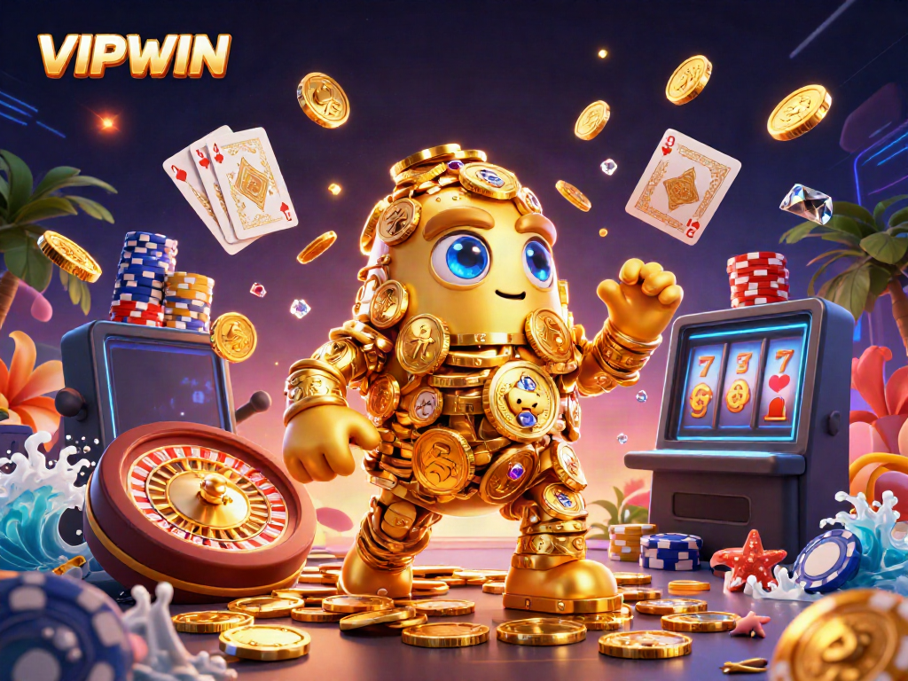 Experience VIPWIN's thrilling dynamics with a golden golem amidst cascading coins and games.