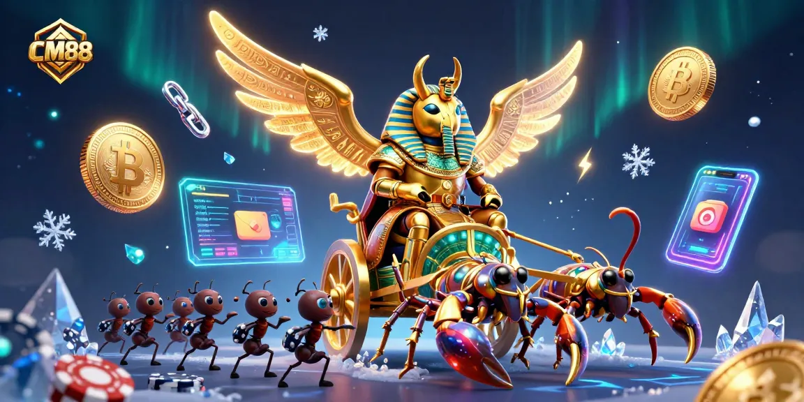Engage in exciting betting at CM88, featuring a golden scarab beetle, scorpions, and vibrant crypto elements.