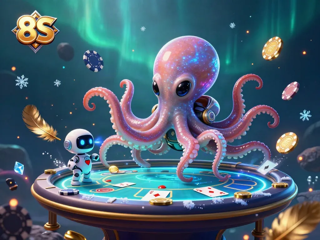 Experience the thrilling gameplay of 8S with a colorful alien octopus at a poker table.