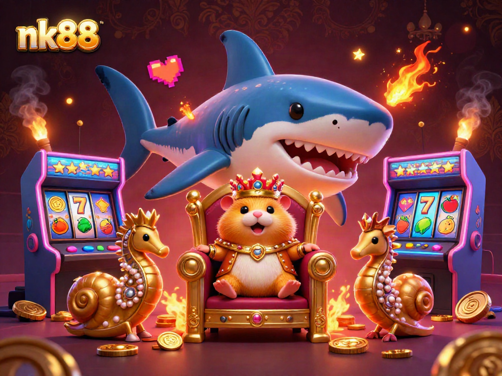 Engage with nk88's vibrant casino world featuring a golden hamster king and slot symbols.