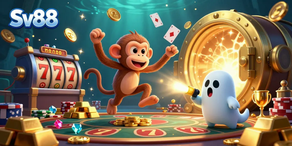 Juggle winnings at Sv88 in a haunted casino with gold coins and lucky symbols around.