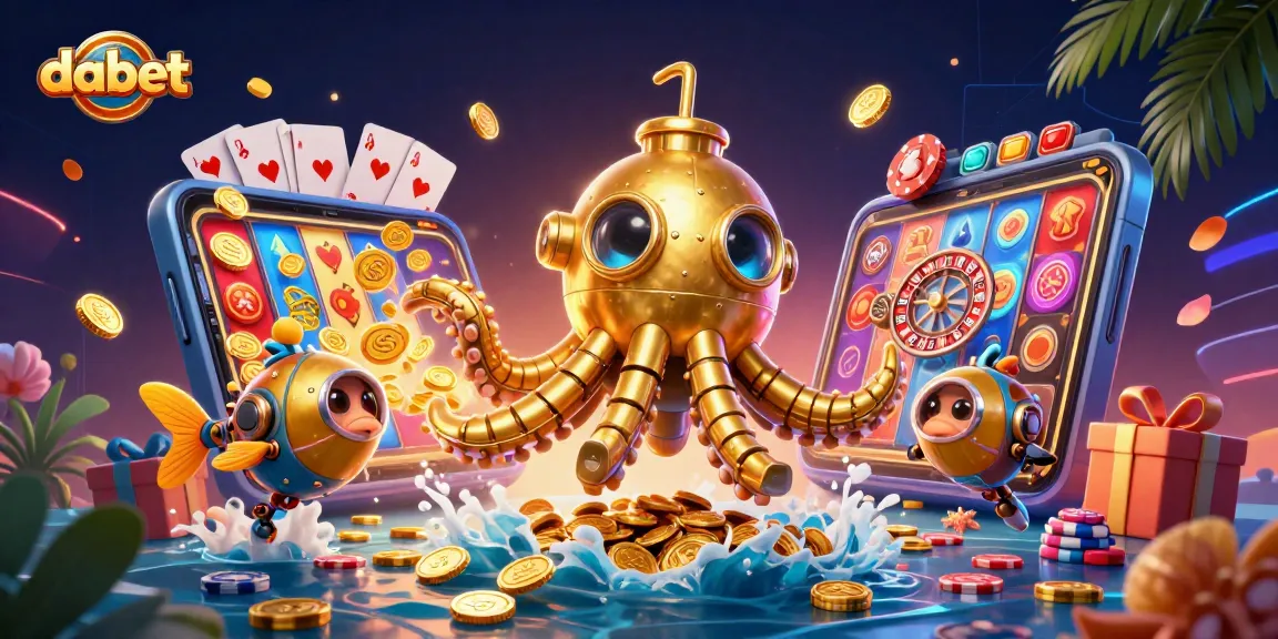 Experience the excitement of dabet with a vibrant underwater casino scene featuring a golden kraken and slot games.