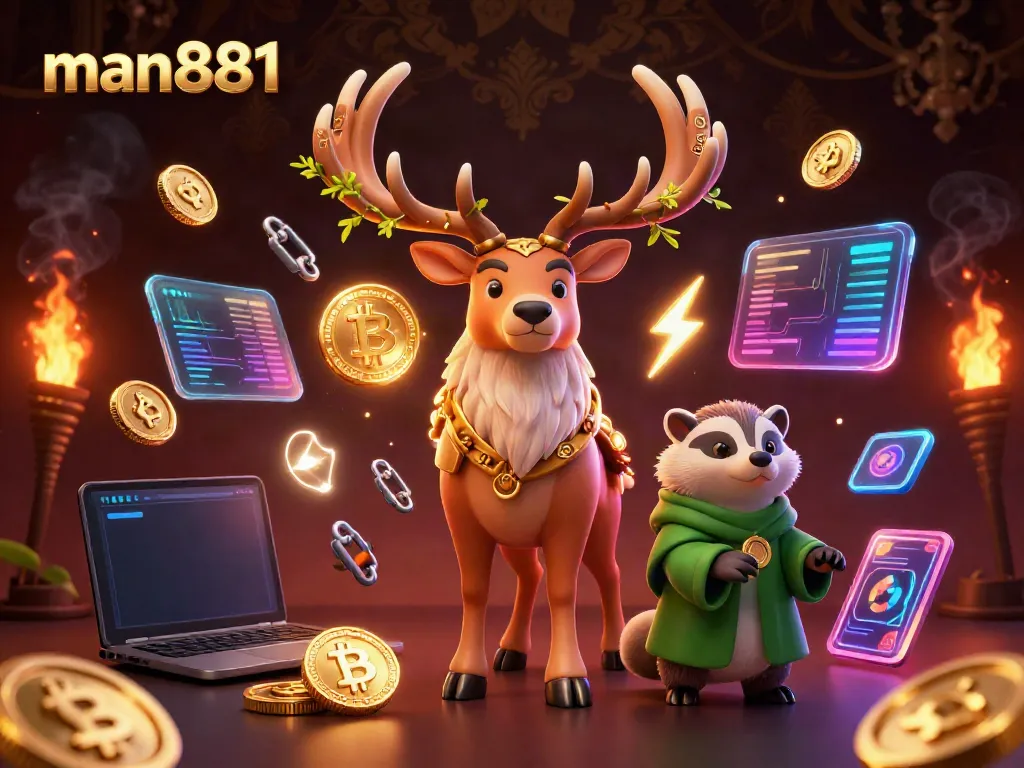 Experience thrilling wins at man881 with a Celtic druid and a wise badger in a vibrant casino scene.