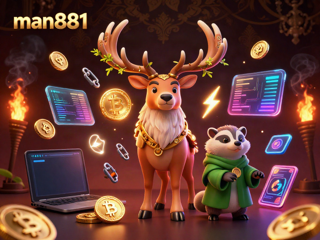 Experience thrilling wins at man881 with a Celtic druid and a wise badger in a vibrant casino scene.