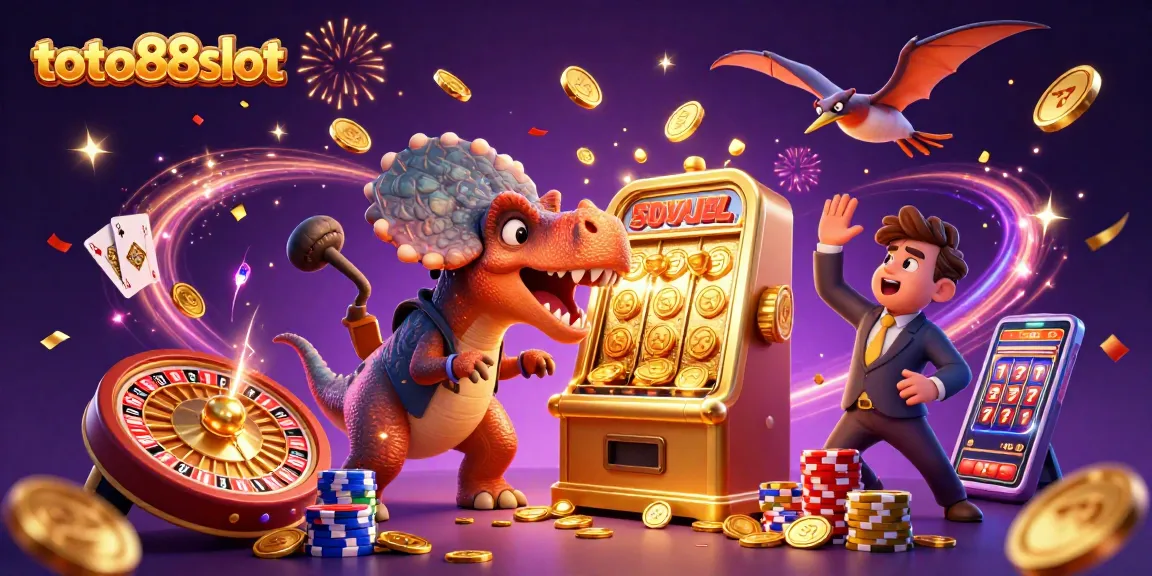 Experience thrilling wins at toto88slot with cartoon dinosaurs and cascading coins in a vibrant casino scene.