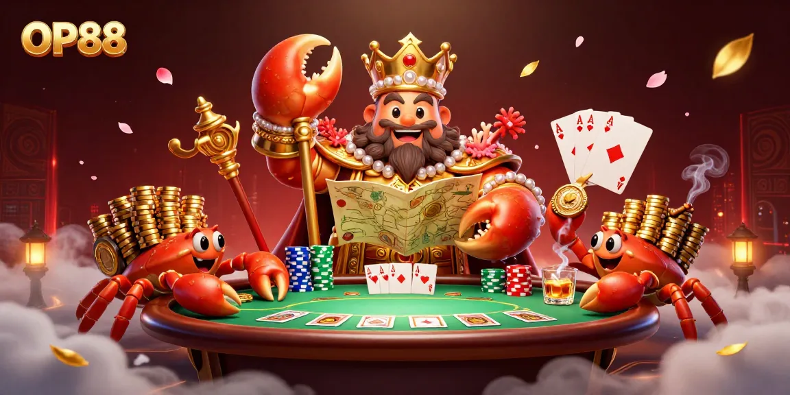Engage with OP88's massive golden crab emperor amidst a vibrant casino scene featuring poker tables and treasure.