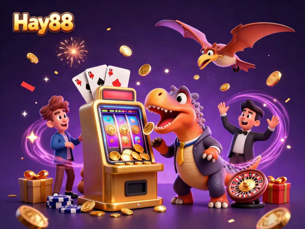 Experience thrill as Hay88 combines excitement of jackpot wins with 3D animated dinosaur characters in a vibrant casino scene.