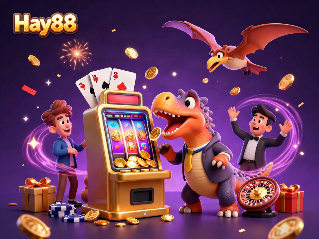 Experience thrill as Hay88 combines excitement of jackpot wins with 3D animated dinosaur characters in a vibrant casino scene.