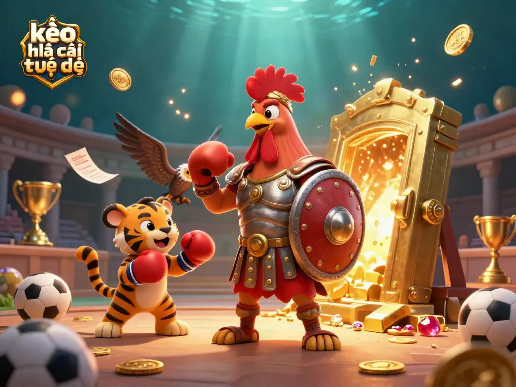 Engage in kèo nhà cái trực tiếp with an electrifying scene featuring a gladiator rooster, tiger cub, and eagle standard bearer amidst a dynamic sports betting atmosphere.