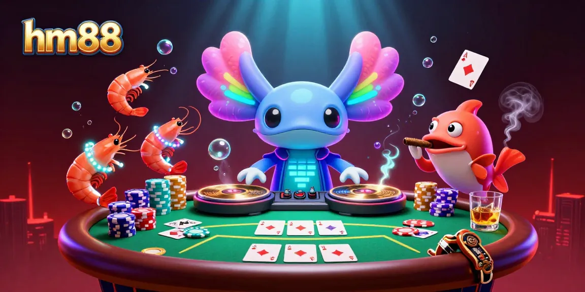 Engage with exciting hm88 poker action featuring neon underwater characters and vibrant gaming elements.