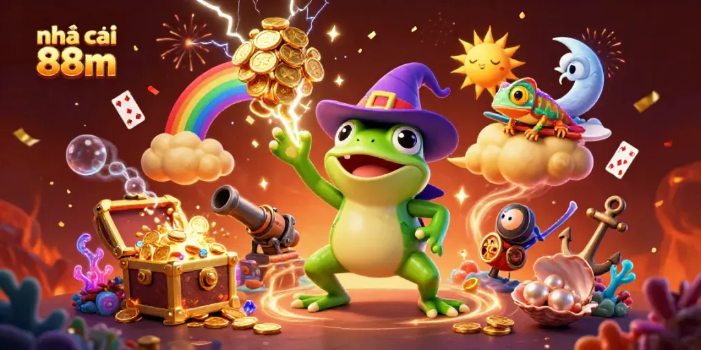 Experience the magic of nhà cái 88m with a wizard frog and chameleon amidst golden treasures.