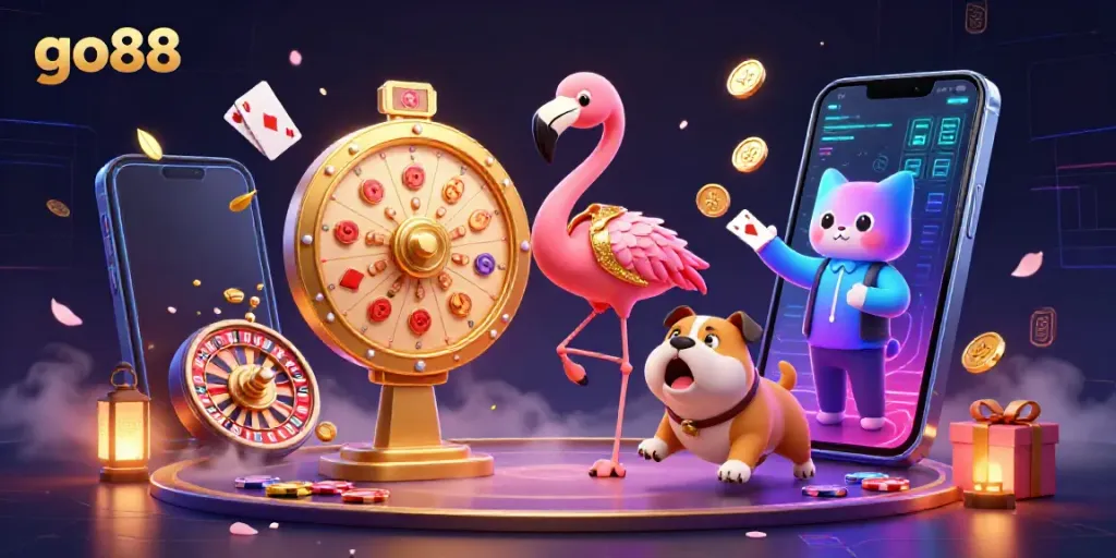Engaging go88 gaming scene with flamingo host, excited bulldog, and prize reveals.
