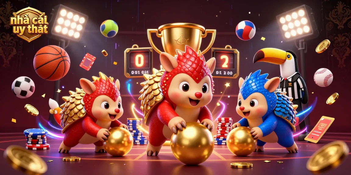 Engaging scene with rival pangolins showcasing nhà cái uy tín, rolling through poker chips amidst dynamic sports elements.
