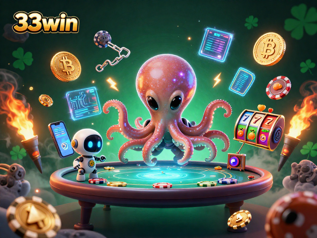 Play poker with 33win as a 3D cartoon alien octopus uses holographic tables and crypto elements.