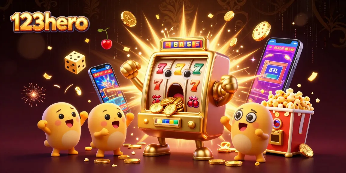 Engage in thrilling moments at 123hero as the golden slot machine hits the jackpot, surrounded by vibrant casino symbols.