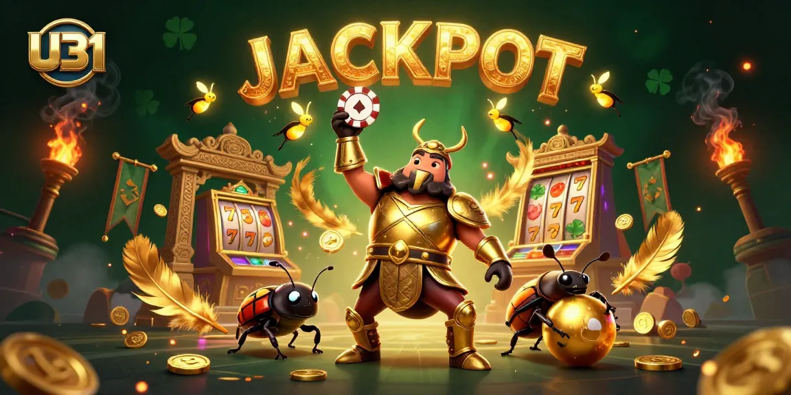 Experience the excitement of U31 with a victorious cartoon hercules beetle lifting a poker chip amidst jackpot symbols and winning elements.