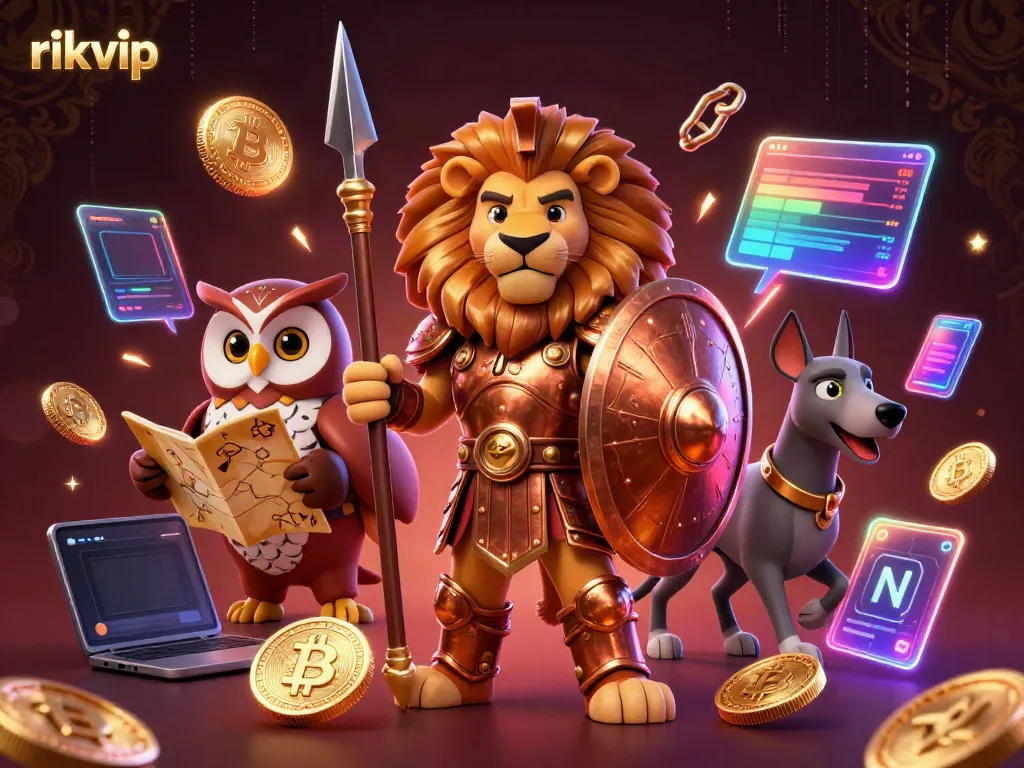 Experience exciting gaming at rikvip with a heroic lion, strategic owl, and swift greyhound in a dynamic scene.
