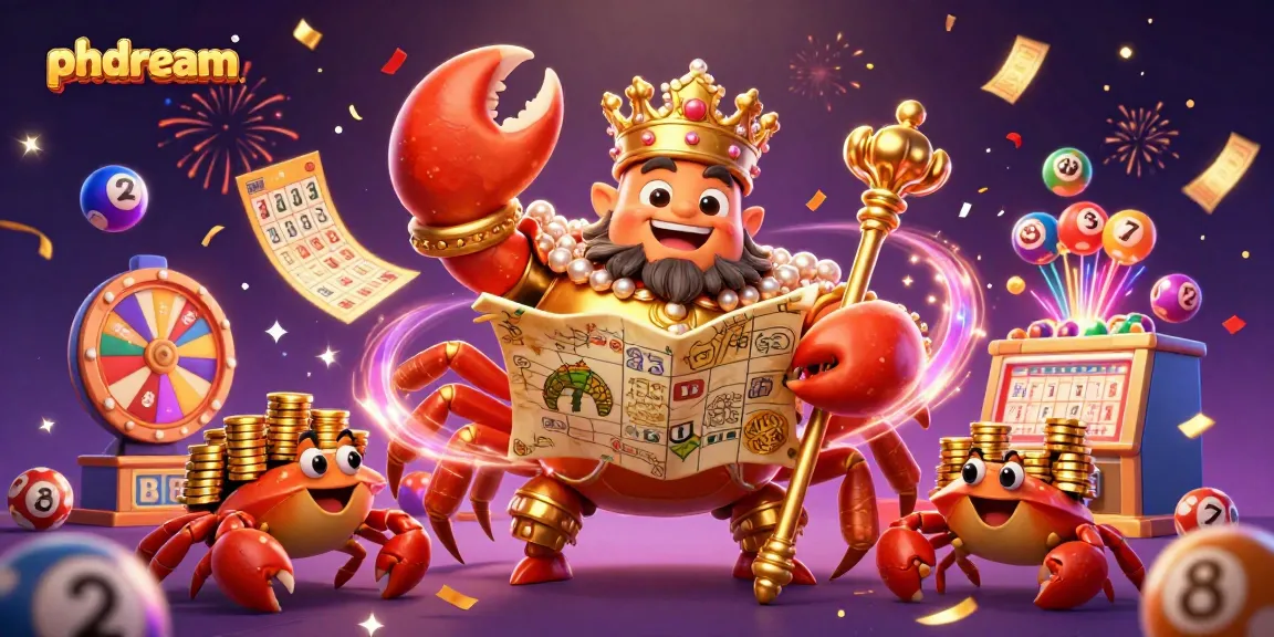 Experience excitement with phdream's golden crab emperor amid bouncing lottery balls and vibrant casino elements.