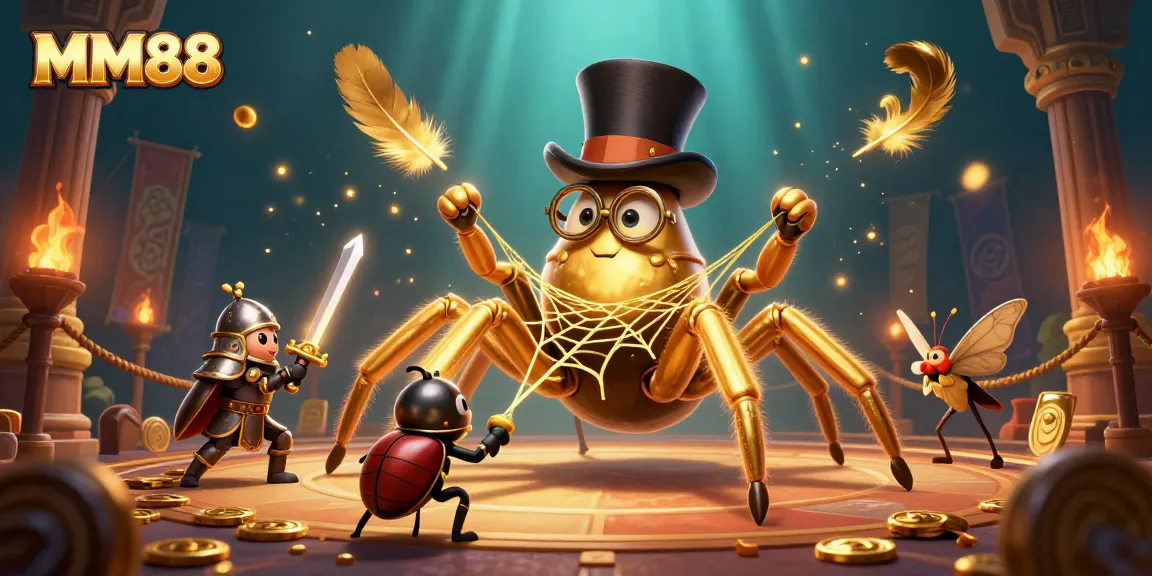 Engage with MM88, witnessing a vibrant scene of a golden tarantula, brave beetle knight, and moth spectators at a casino.