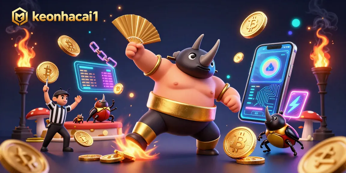 Experience the action with keonhacai1 as the sumo beetle champion delivers a mighty stomp sending coins flying, surrounded by crypto elements.