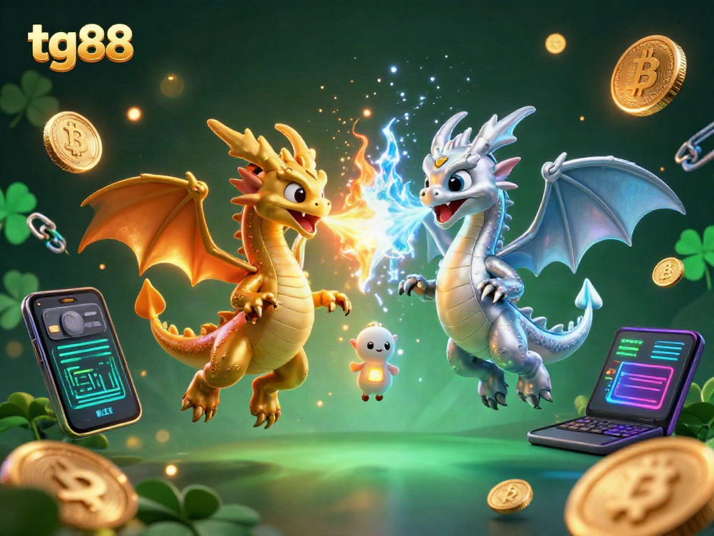 Experience thrilling betting at tg88 with dynamic dragons symbolizing fortune amidst crypto symbols.