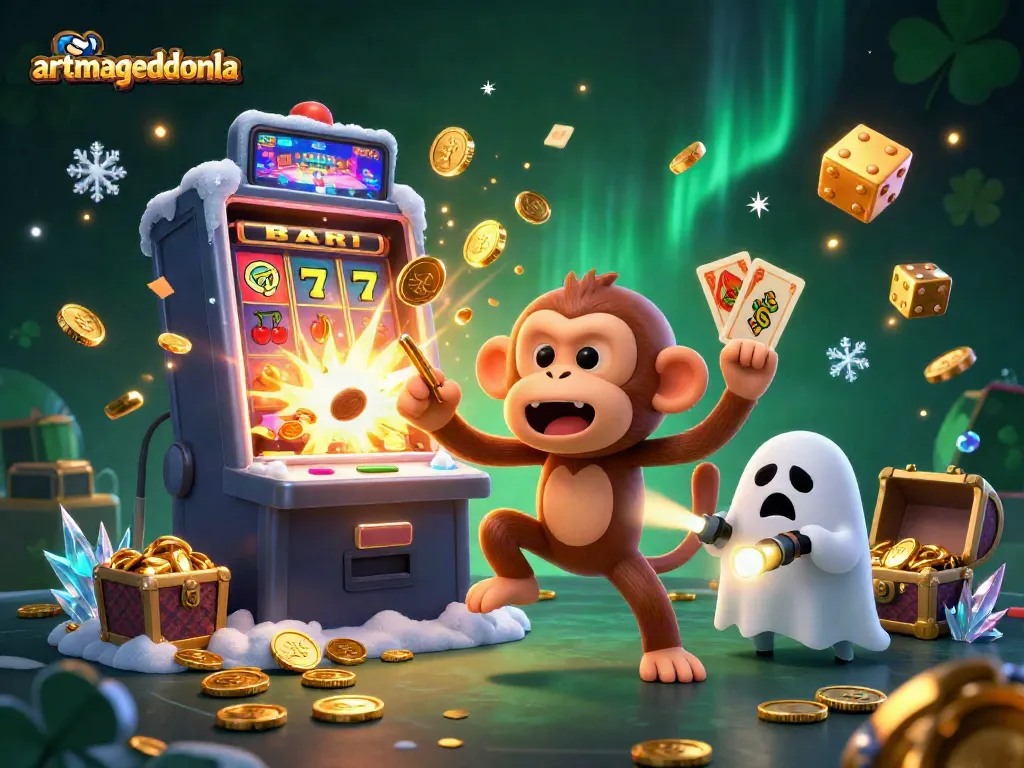 Experience the thrill of artmageddonla with a mischievous poltergeist monkey juggling in a haunted casino.