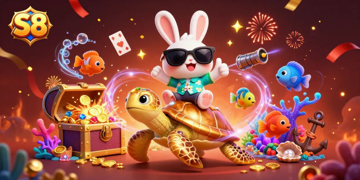 S8 Casino Adventure: Lucky rabbit and sea turtle amidst vibrant underwater treasures bursting with gold and gems