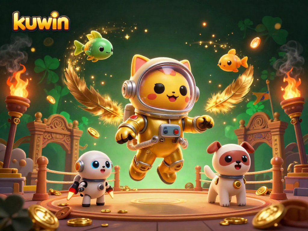 Kuwin esports gaming scene featuring a golden astronaut cat, a robot dog, and vibrant cosmic elements