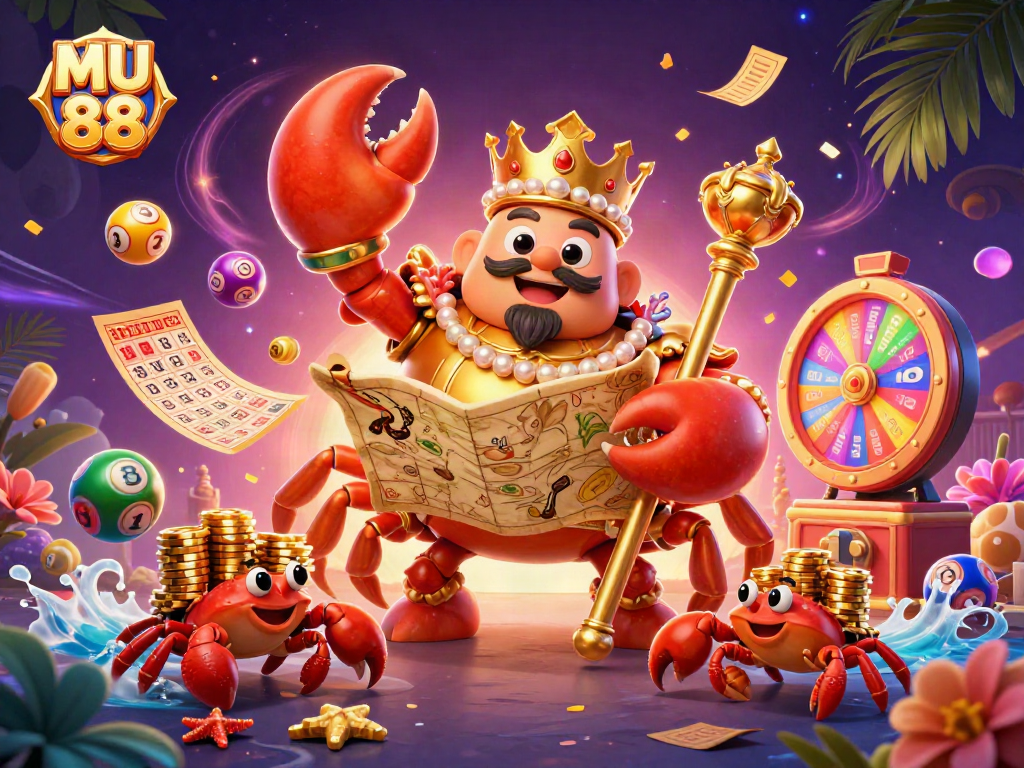 Engage in the excitement of MU 88 with a royal crab emperor and vibrant lottery elements.