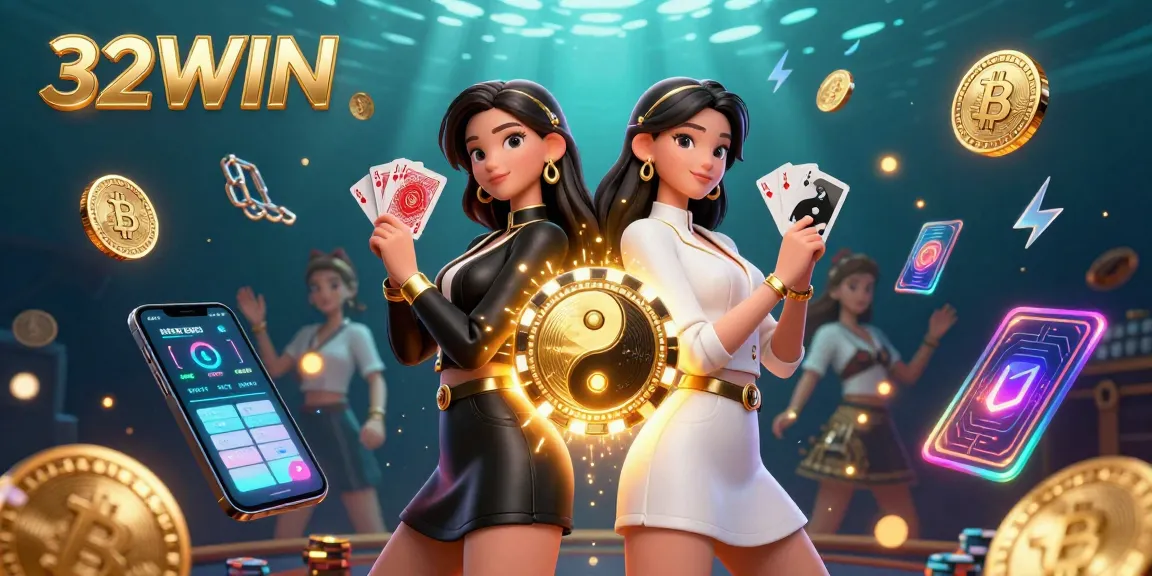 Engage with winning strategies at 32WIN, showcasing stunning twin Asian women with casino elements.