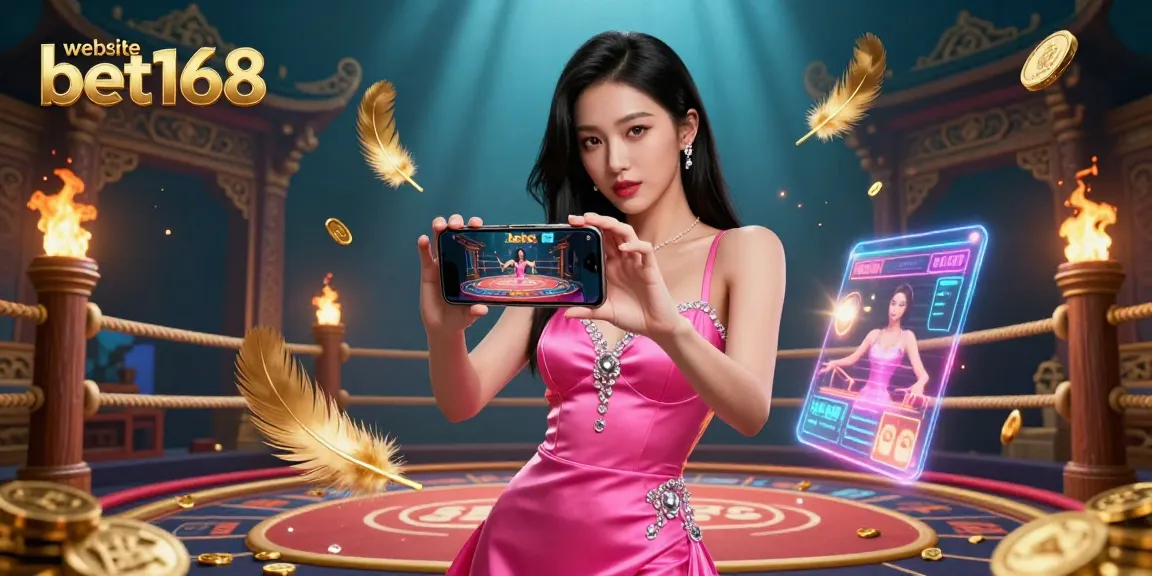 Engage in thrilling gameplay on the website bet168 while the Asian woman showcases a live dealer casino game.