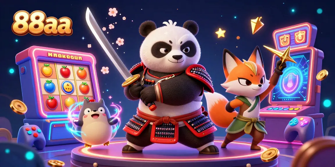 Experience the vibrant 88aa casino scene with a panda samurai and ninja fox in action.