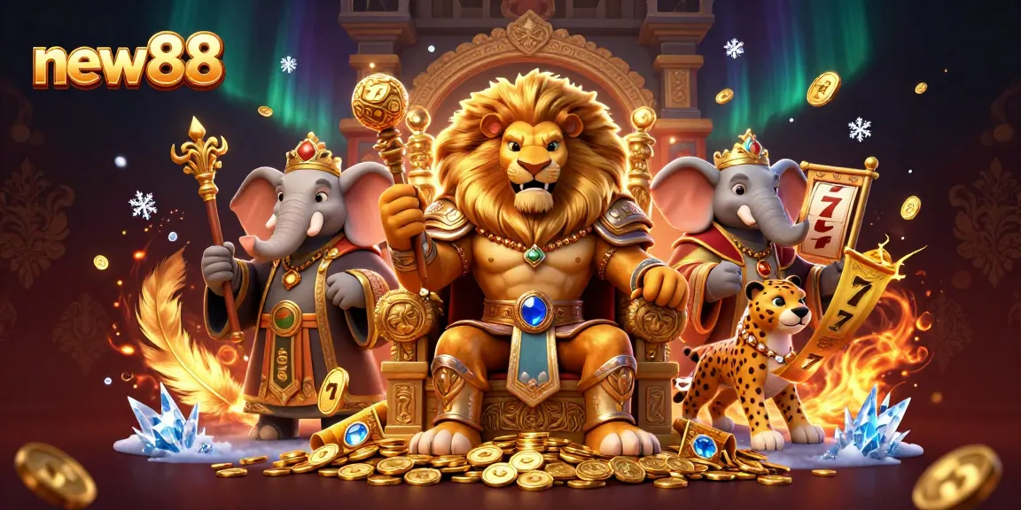Experience thrilling games at new88 with a regal lion king and vibrant casino elements.