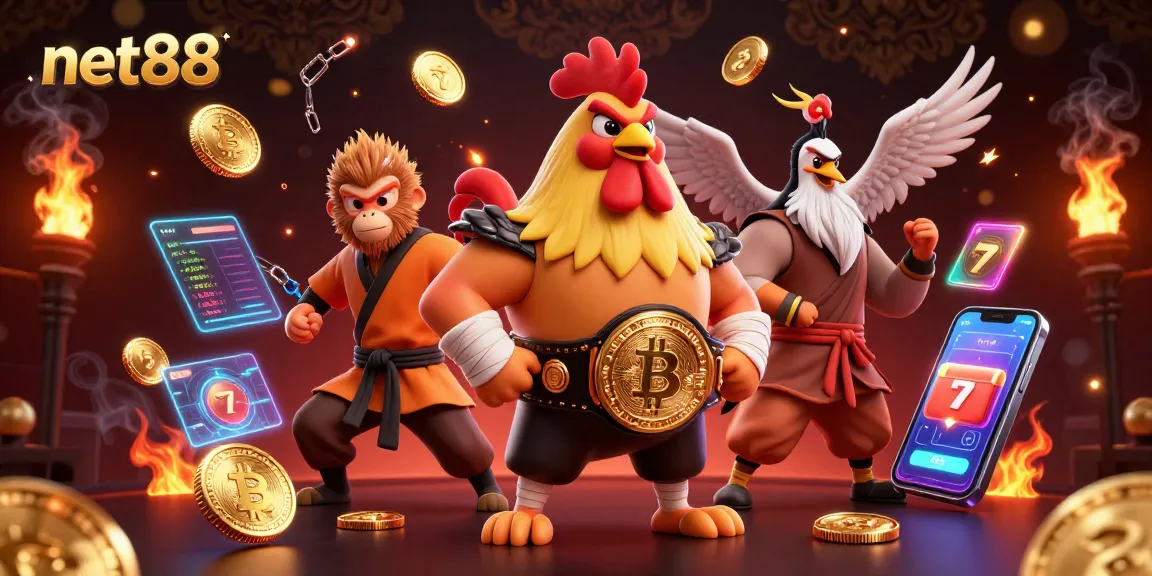 Experience net88 with a dynamic illustration showcasing iconic characters in a packed casino scene.