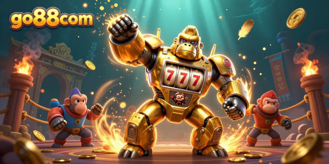 Experience thrilling jackpots with go88com's golden gorilla mech smashing coins in a vibrant casino world.
