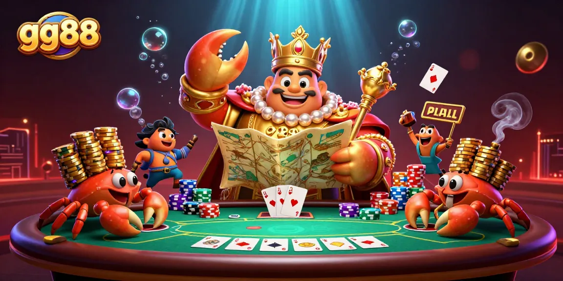 Bet at gg88 with golden crab emperor holding treasures and poker games in a vibrant casino scene.