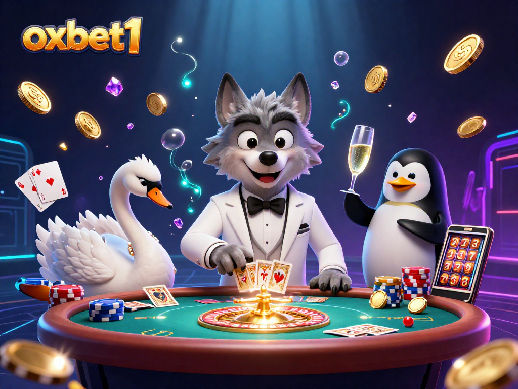 Experience the excitement of oxbet1 with a debonair wolf, elegant swan, and sophisticated penguin in a vibrant casino scene.