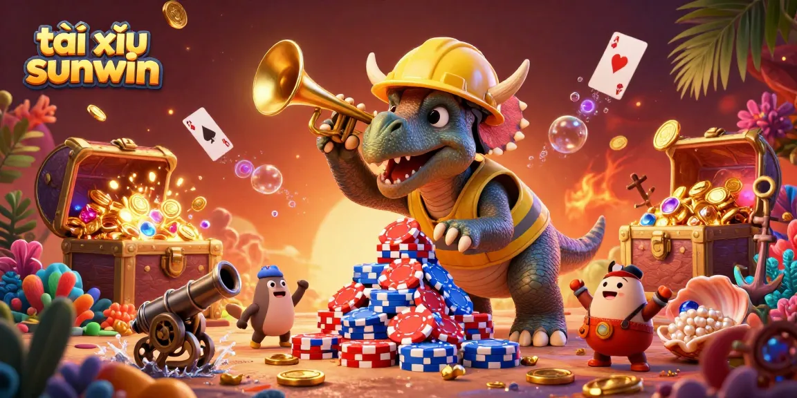 Join the excitement in tài xỉu sunwin as animated characters celebrate with poker chips amidst a vibrant casino backdrop.