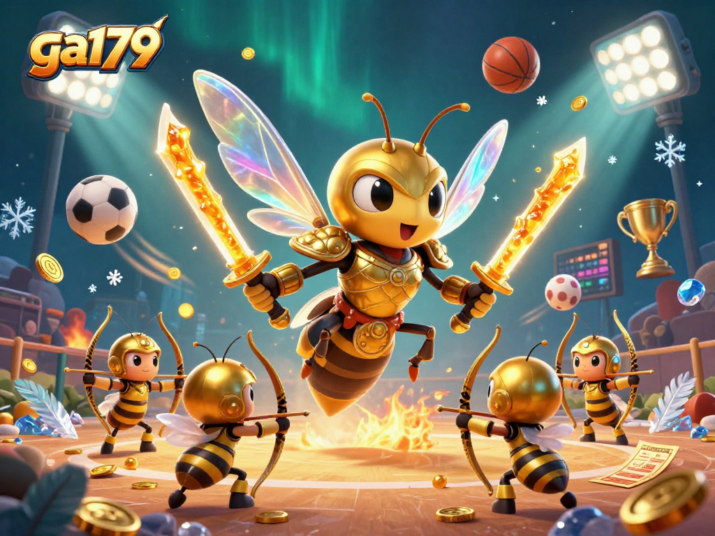 Engage with exciting ga179 cockfighting action in a dynamic 3D illustration, featuring a golden hornet and bee archers.