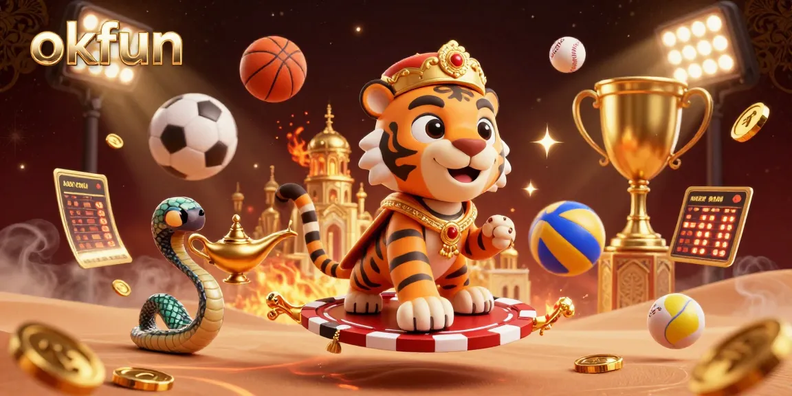 Experience thrilling action at okfun with a vibrant scene of an Arabian-themed sultan, sports elements, and a magical atmosphere.